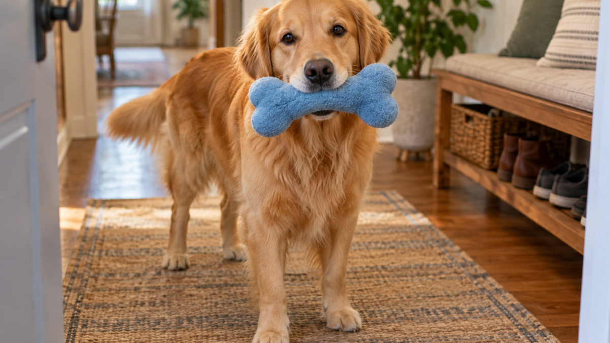 Golden Retriever holding a blue plush toy in a home doorway.