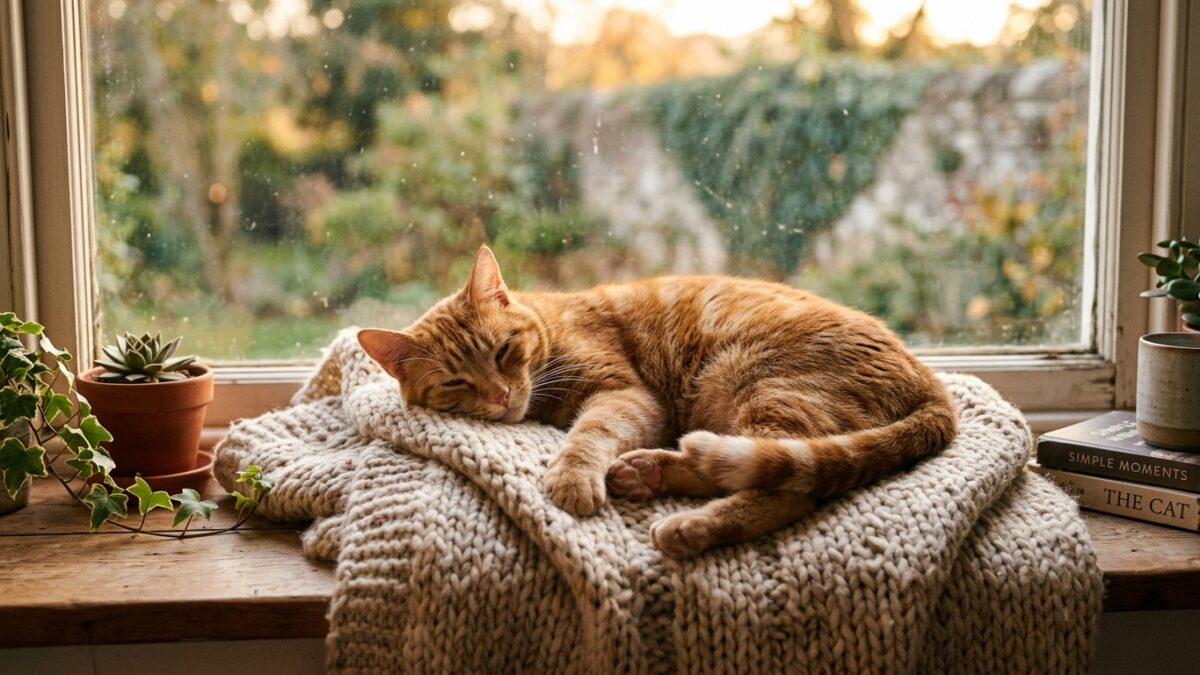 Peaceful cat sleeping on guardian lap with soundwave visualization representing purr healing frequencies.