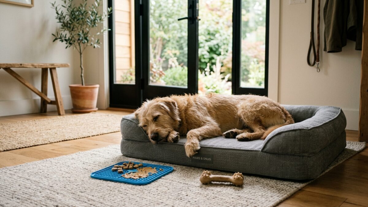 Relaxed dog resting comfortably on a living room bed while owner quietly departs.