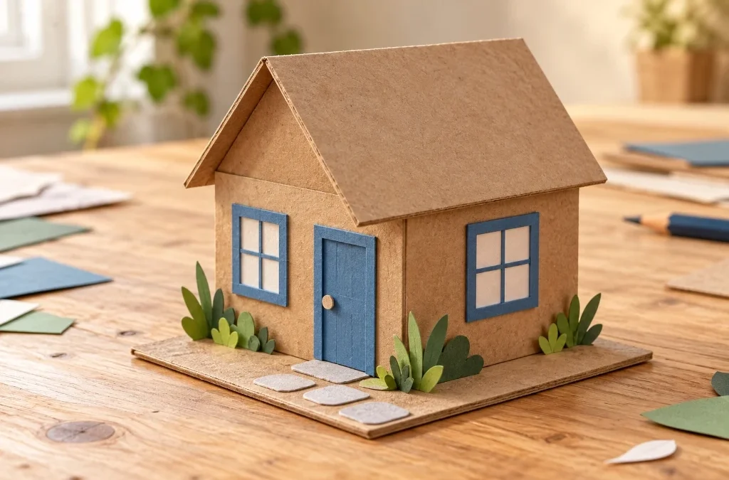 Miniature cardboard cottage with a blue paper door, paper windows, a brown pitched roof, and a small garden path.