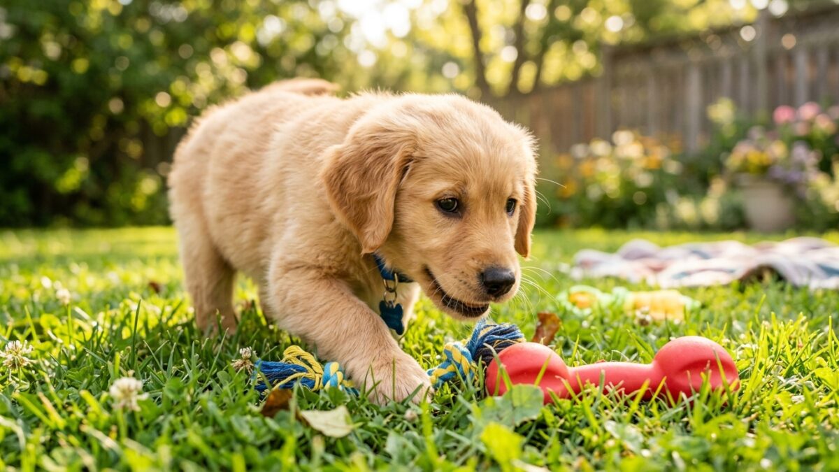 A golden retriever puppy experiencing calm social exposure outdoors with trainer guidance.