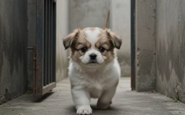 The Brave Little Sentry: Puppy Guarding the Courtyard Gate
