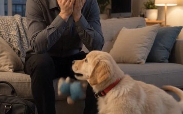 Bringing His Favorite Thing: Puppy Comforting His Owner