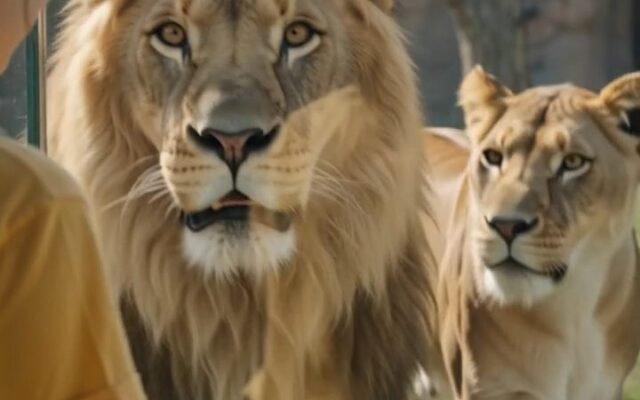 Majestic Encounter: Lioness and the Regal Male at the Glass