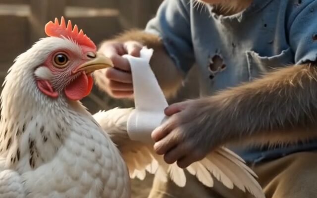 Gentle Caregiver: Little Monkey Tending an Injured Hen