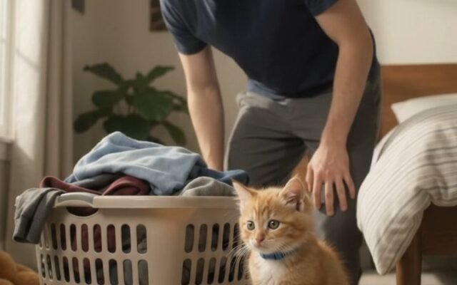 Milo’s Laundry Duty: Tiny Kitten in the Clean Clothes