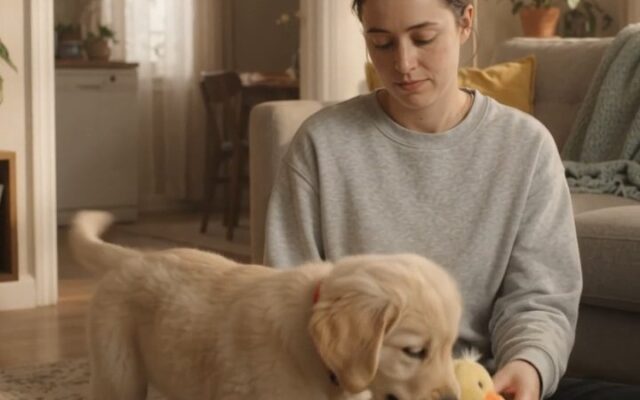 Playful Evening Tug: Golden Retriever Puppy and the Toy Duck